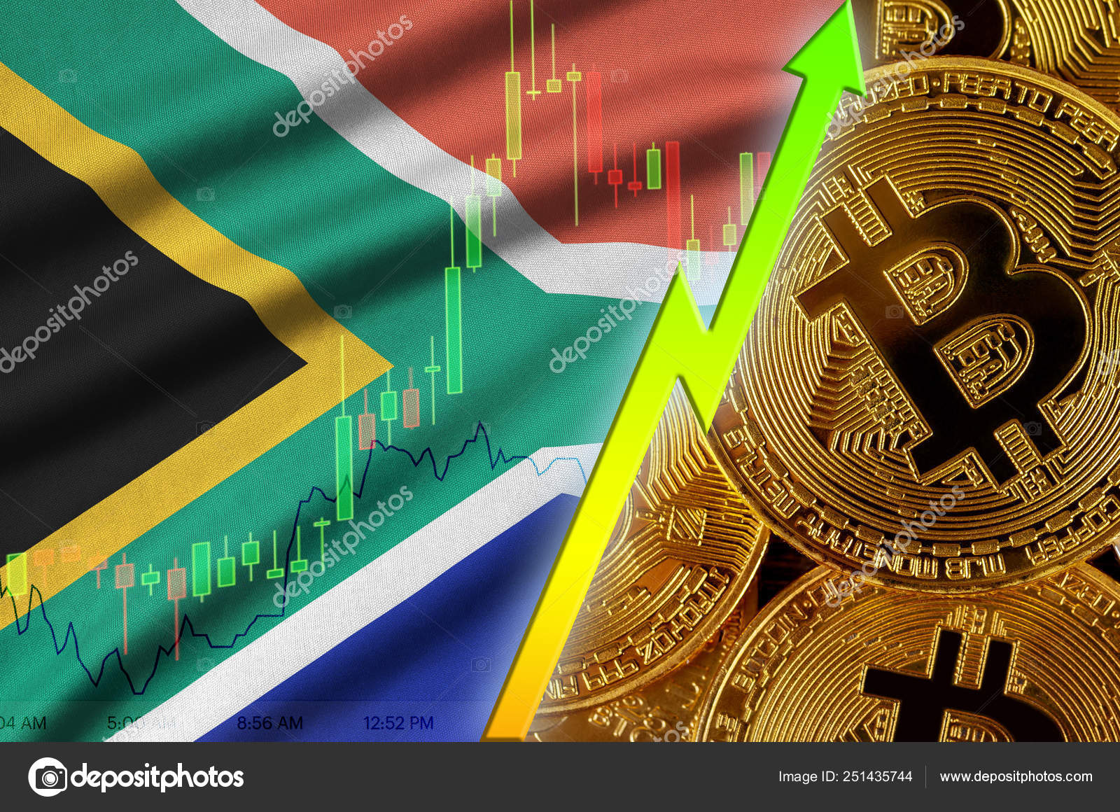 South Africa Flag And Cryptocurrency Growing Trend With Many Golden - 